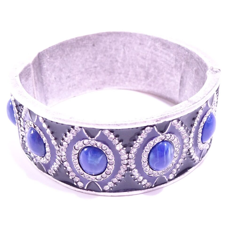 Designer Silver Onyx Enamel Lapis Blue Stone Crystal Cuff Bracelet NWOT 398 - Picture 2 of 5